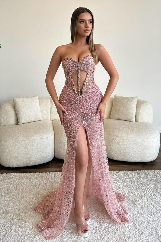 Hellodresses Dusty Rose Sweetheart Sleeveless Strapless Long Split Prom Dress With Beading