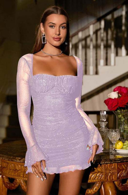 Sequins Long Sleeves Square Short Homecoming Dress With Ruffles HC0145