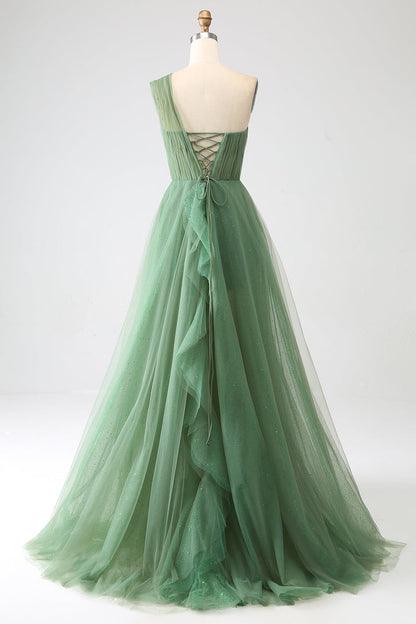 Dazzling Green One-Shoulder Layered Tulle Split Prom Dress LY0612