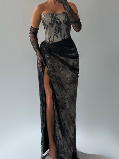 Charming Lace Strapless Sleeveless Split Prom Dress with Pleated | Zelldresses