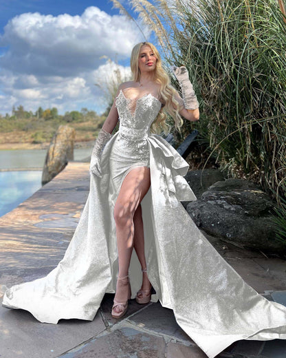 Strapless Sleeveless Long Split Prom Dress With Gloves Beading YB0072