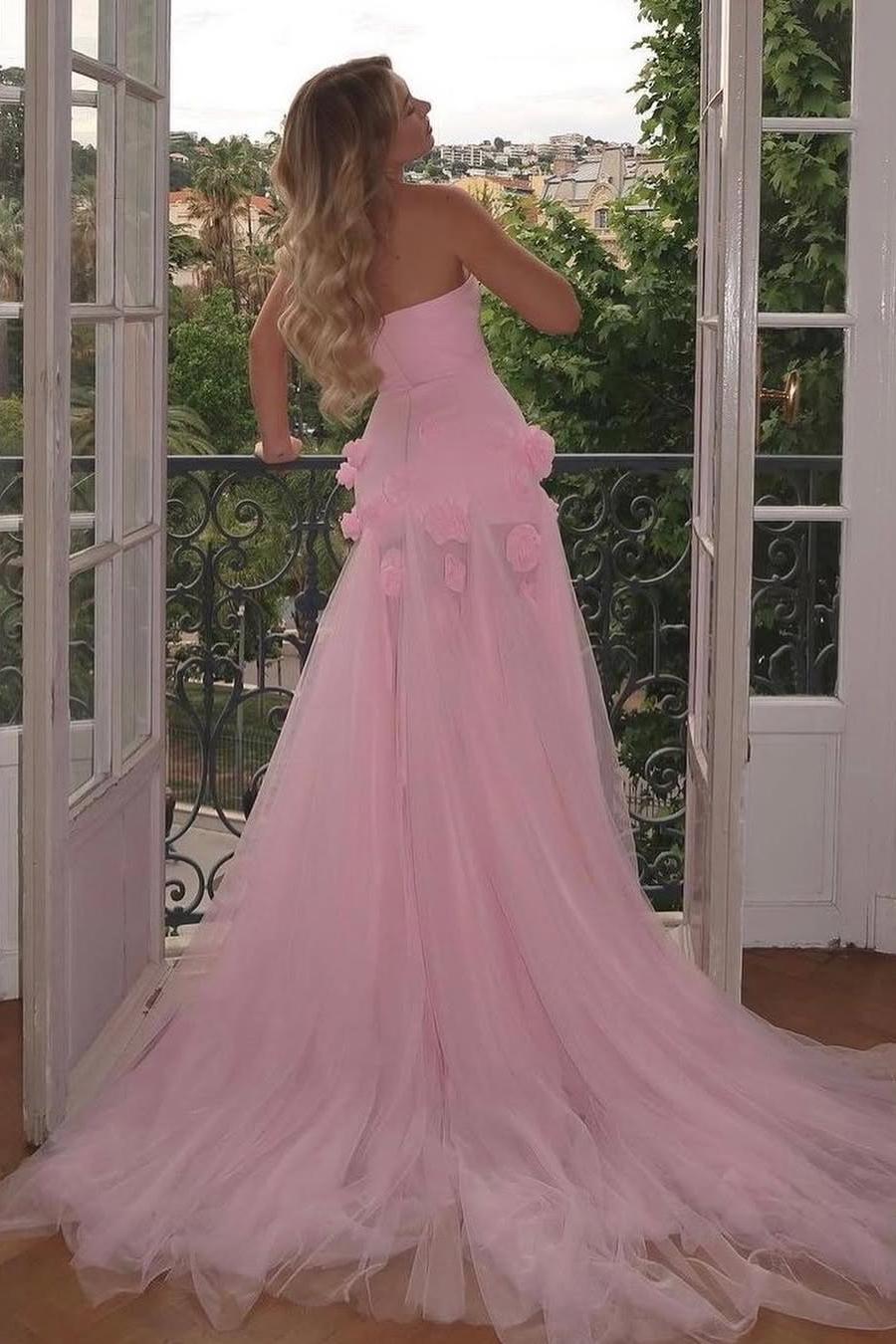 Amazing Pink Satin Strapless Sleeveless Tulle Split Prom Dress with Flowers | Zelldresses