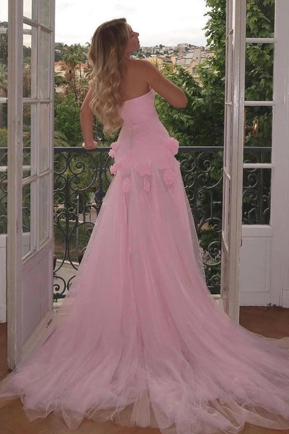 Amazing Pink Satin Strapless Sleeveless Tulle Split Prom Dress with Flowers | Zelldresses