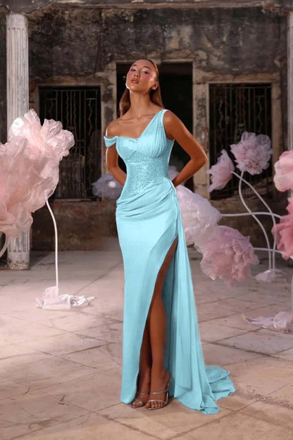 Sleeveless One Shoulder Long Split Prom Dress With Pleated Sequin JQ0247