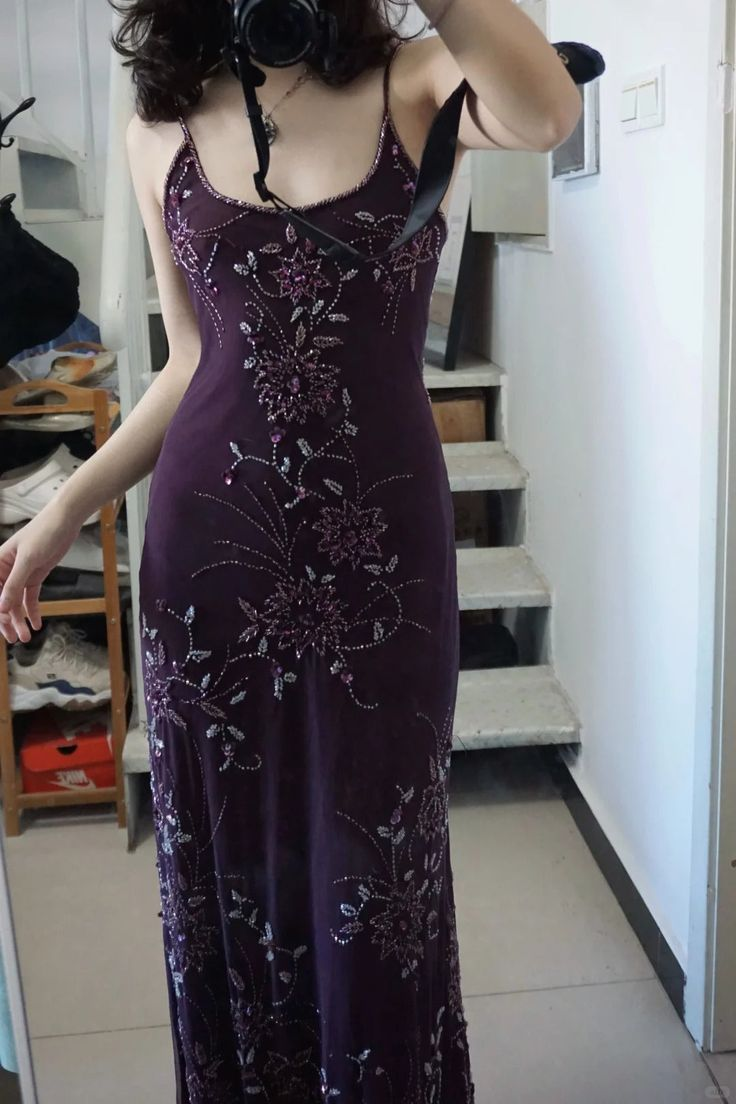 Beaded Purple Spaghetti Straps Long Prom Dress Sexy 21st Birthday Outfit fg8227