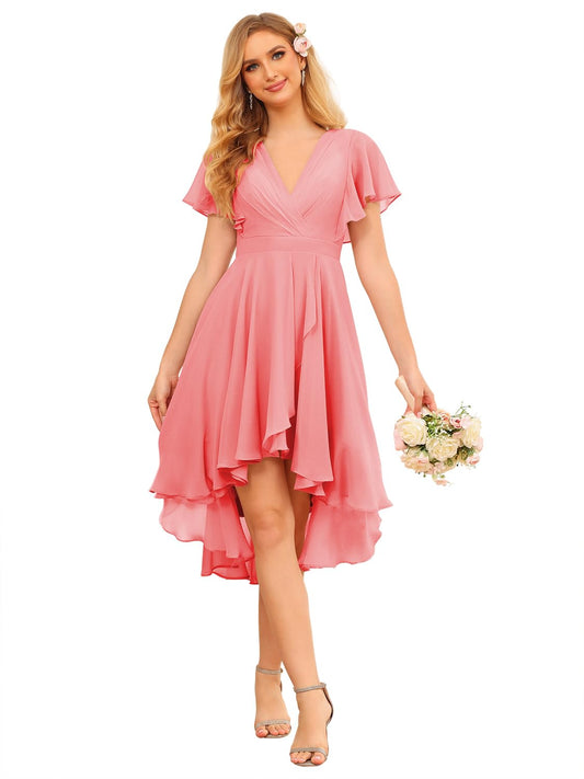 Simple Pink Chiffon V Neck Short Sleeves Pleated Short Bridesmaid Dress with Ruffles SE144