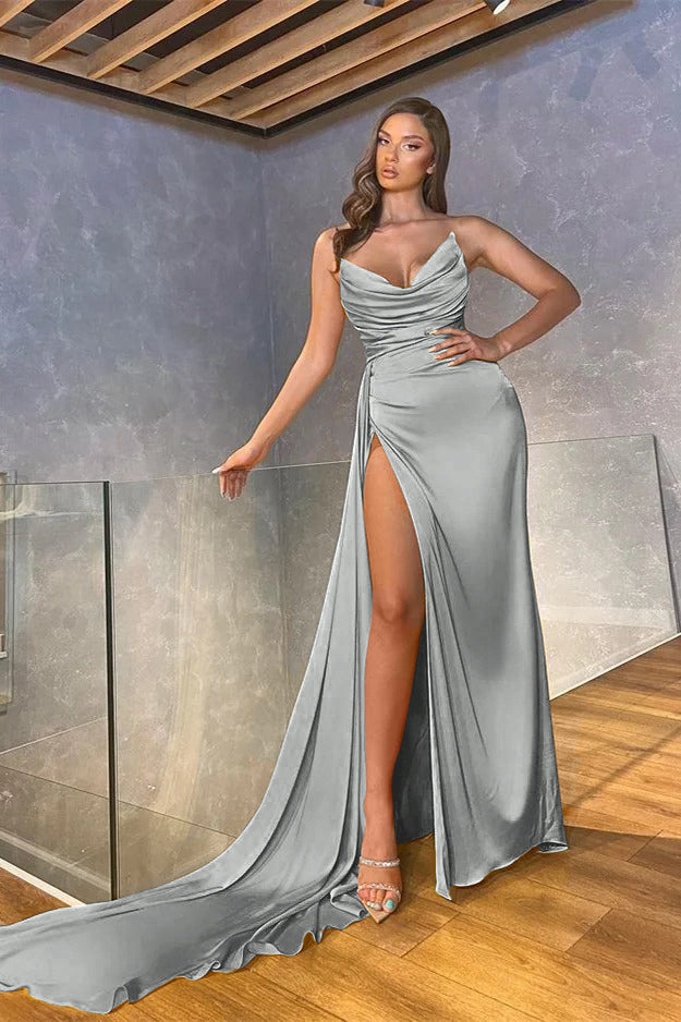 Yellow Satin Strapless Sleeveless Long Mermaid Pleated Split Prom Dress PD0495