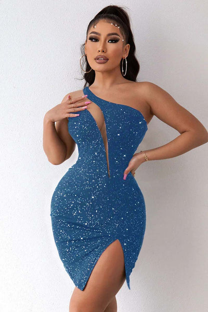 Hellodresses Black One Shoulder Sleeveless Short Homecoming Dress Sequins With Split