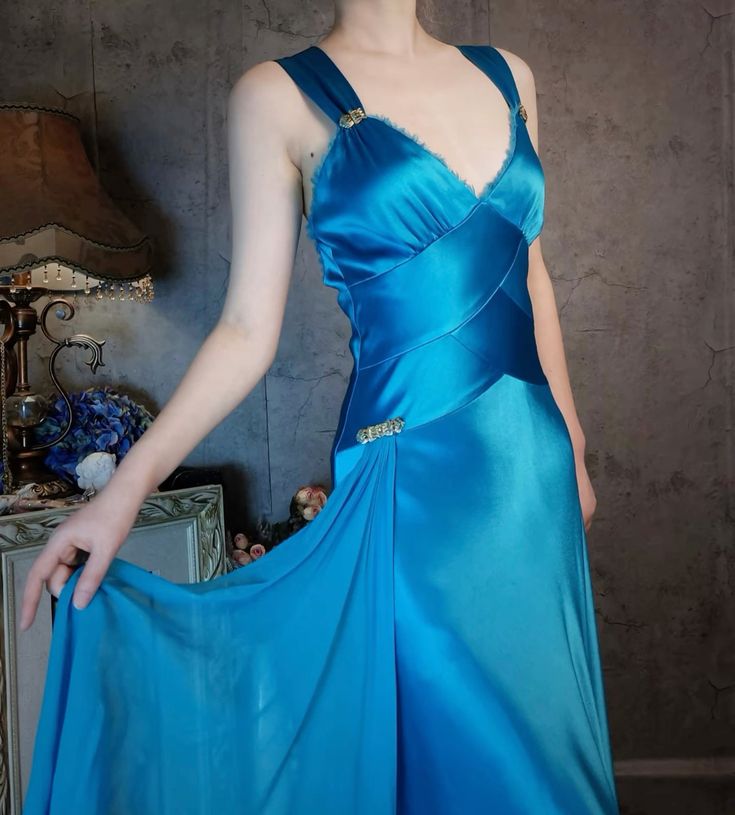 Elegant A Line Straps Blue Satin Party Dress Evening Dress SH2715