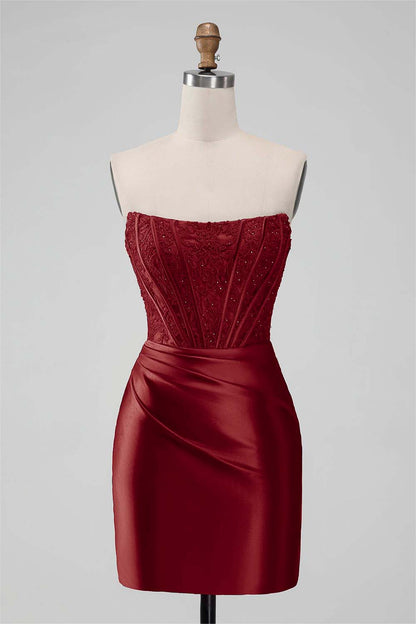 Red Satin Strapless Sleeveless Pleated Short Homecoming Dress with Embroidery HC0005