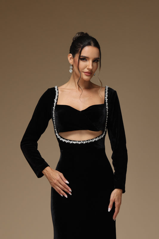 Okdais Black Prom Dress Long Sleeves Black With Cut Out Gown YX0012