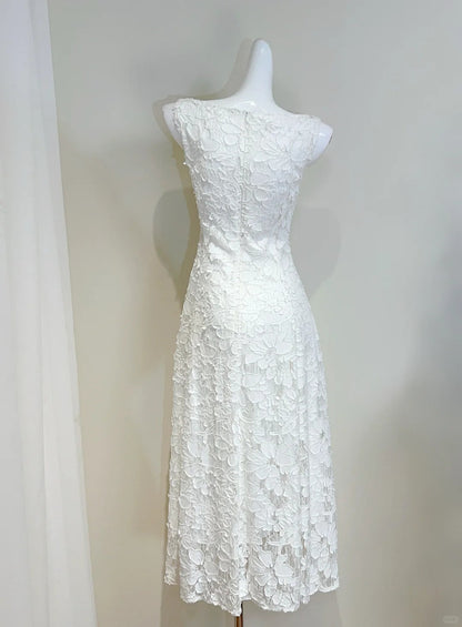 Elegant White A-line Round Neck Lace Pattern Prom Dress Evening Dress Bridesmaid Dress P4065
