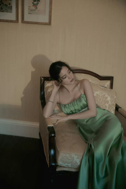 Vintage A Line Spaghetti Strap Beaded Green Satin Party Dress Evening Dress SH2864