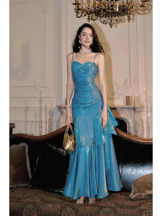 Gentle Mermaid Spaghetti Straps Tiered Pleated Blue Satin Evening Dress Party Dress SH2804