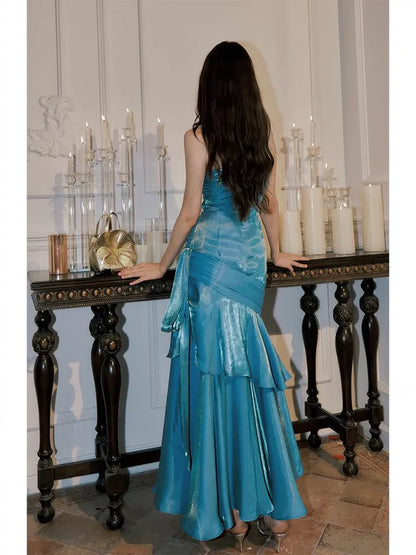 Gentle Mermaid Spaghetti Straps Tiered Pleated Blue Satin Evening Dress Party Dress SH2804