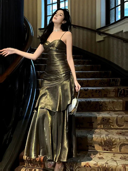 Gentle Mermaid Spaghetti Straps Tiered Pleated Green Satin Evening Dress Party Dress SH2809