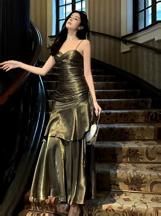 Gentle Mermaid Spaghetti Straps Tiered Pleated Green Satin Evening Dress Party Dress SH2809