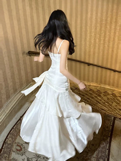 Gentle Mermaid Spaghetti Straps Tiered Pleated Light Champagne Satin Evening Dress Party Dress SH2805