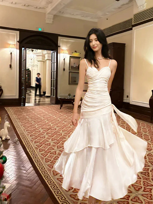 Gentle Mermaid Spaghetti Straps Tiered Pleated Light Champagne Satin Evening Dress Party Dress SH2805