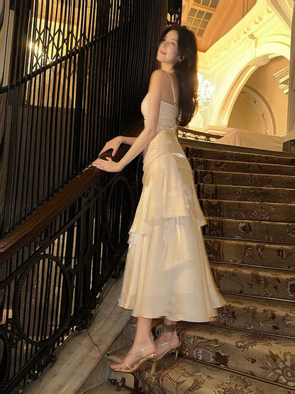 Gentle Mermaid Spaghetti Straps Tiered Pleated Light Champagne Satin Evening Dress Party Dress SH2805