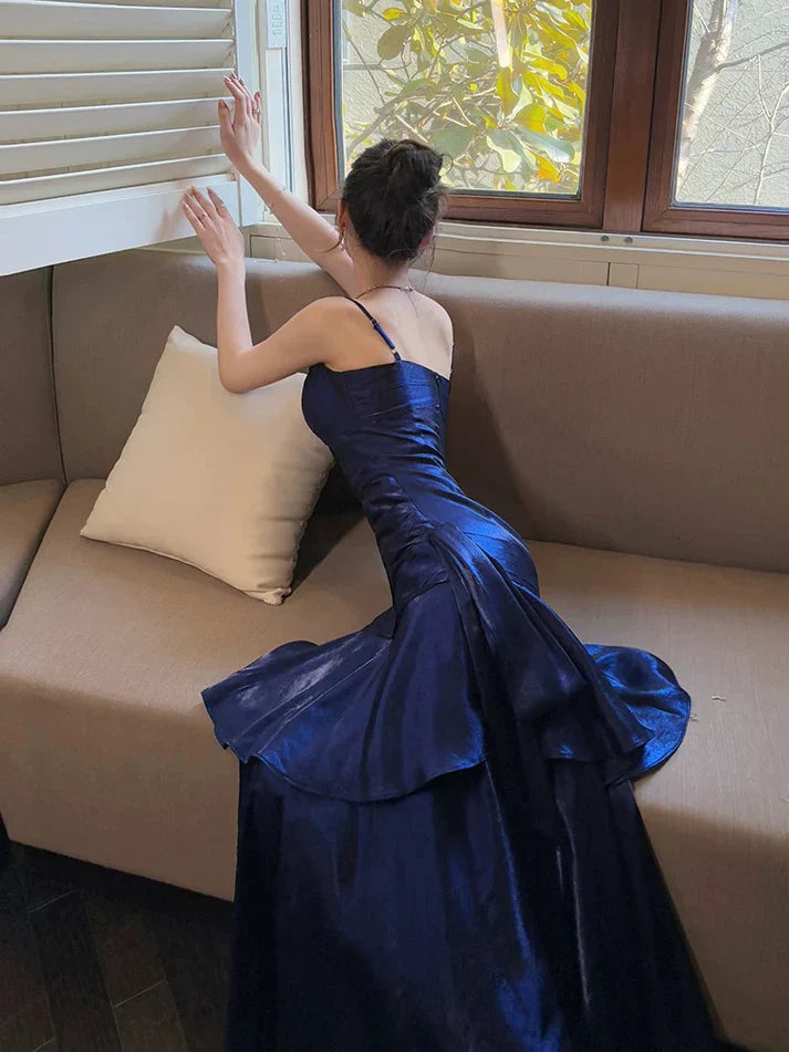 Gentle Mermaid Spaghetti Straps Tiered Pleated Dark Blue Satin Evening Dress Party Dress SH2808
