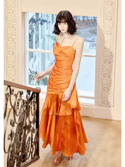 Gentle Mermaid Spaghetti Straps Tiered Pleated Orange Satin Evening Dress Party Dress SH2803