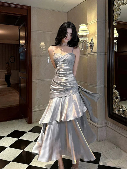Gentle Mermaid Spaghetti Straps Tiered Pleated Gray Satin Evening Dress Party Dress SH2806