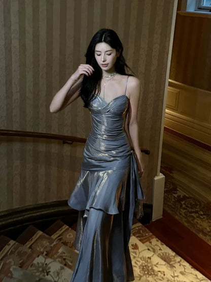 Gentle Mermaid Spaghetti Straps Tiered Pleated Gray Satin Evening Dress Party Dress SH2806