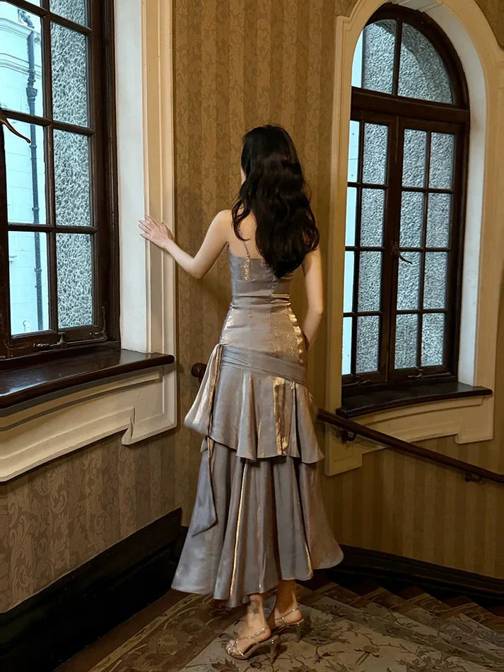 Gentle Mermaid Spaghetti Straps Tiered Pleated Gray Satin Evening Dress Party Dress SH2806