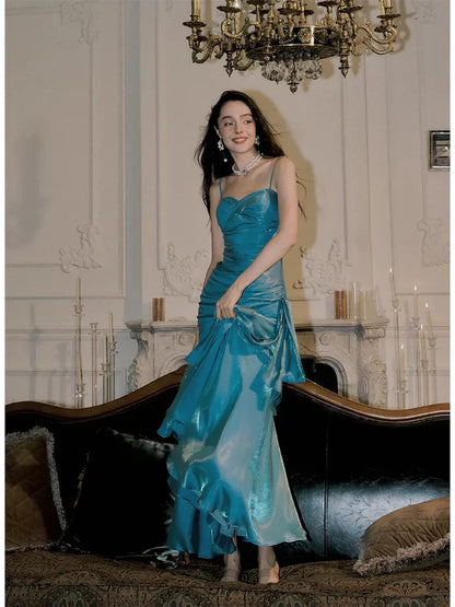 Gentle Mermaid Spaghetti Straps Tiered Pleated Blue Satin Evening Dress Party Dress SH2804