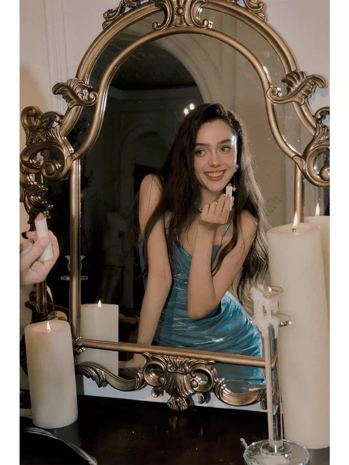 Gentle Mermaid Spaghetti Straps Tiered Pleated Blue Satin Evening Dress Party Dress SH2804