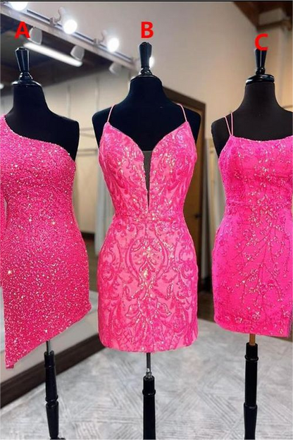 Hellodresses Simple Fuchsia Spaghetti Strap Sleeveless Short Homecoming Dress With Appliques