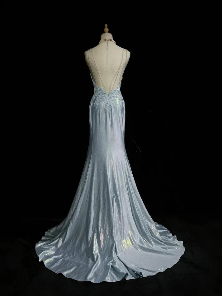 Gentle Mermaid Spaghetti Straps Appliques Blue Satin Long Party Dress Evening Dress SH2801