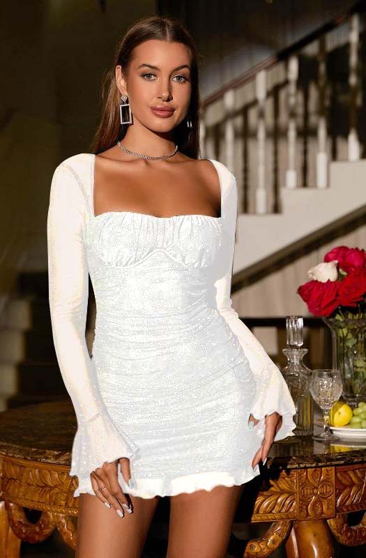 Sequins Long Sleeves Square Short Homecoming Dress With Ruffles HC0145