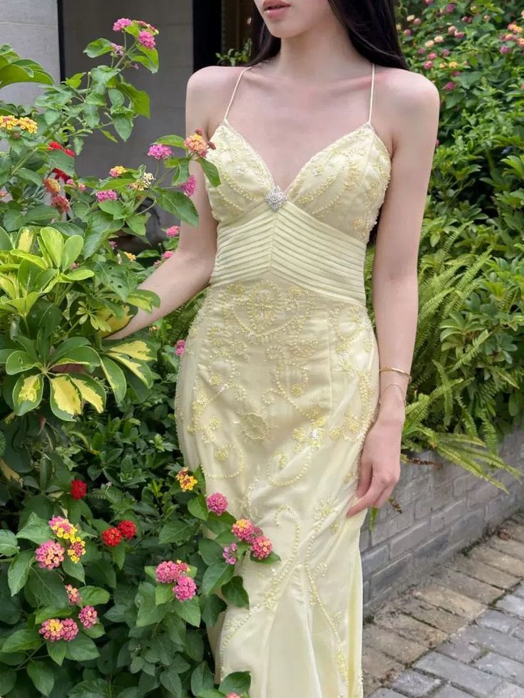 Elegant Mermaid Spaghetti Straps Yellow Chiffon Long Prom Dresses Evening Dress SH2838