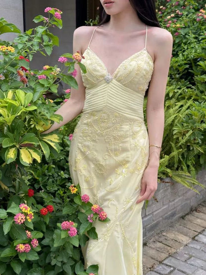 Elegant Mermaid Spaghetti Straps Yellow Chiffon Long Prom Dresses Evening Dress SH2838