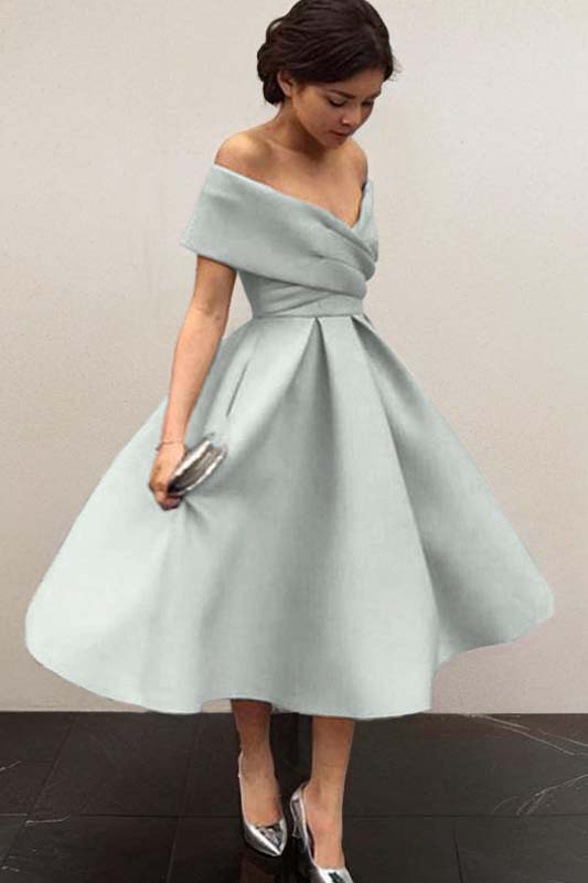 Sky Blue Satin V Neck Off the Shoulder Sleeveless A Line Homecoming Dress HC0043