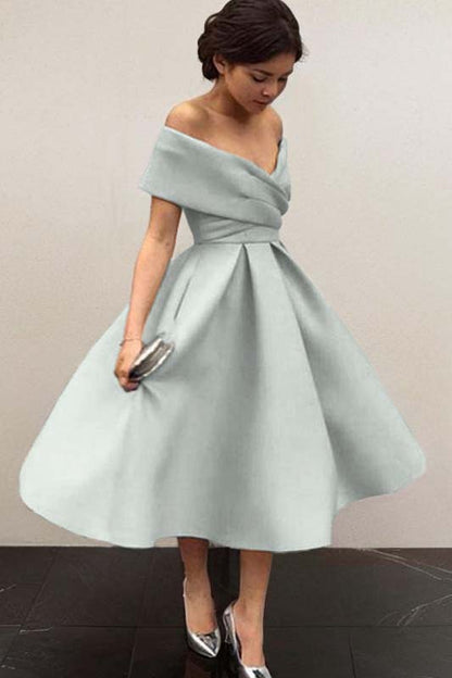 Sky Blue Satin V Neck Off the Shoulder Sleeveless A Line Homecoming Dress HC0043