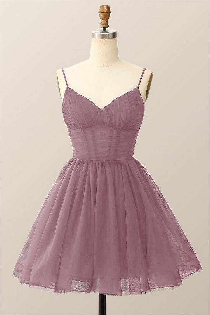 Dark Navy Tulle Spaghetti Strap Sleeveless Pleated A-Line Homecoming Dress HC0019