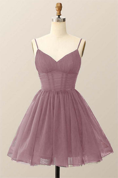 Dark Navy Tulle Spaghetti Strap Sleeveless Pleated A-Line Homecoming Dress HC0019