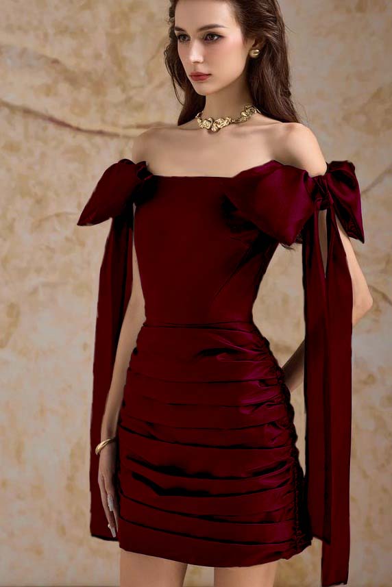 Off the Shoulder Sleeveless Short Homecoming Dress With Bowknot Pleated HC0188