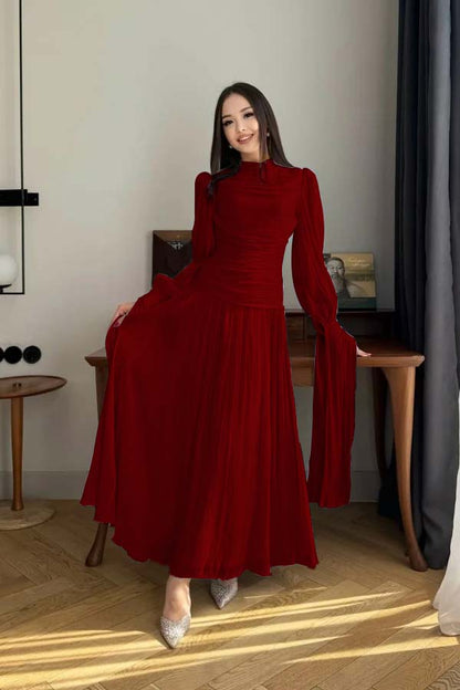 Playful Blue High-Neck Prom Dress Long Sleeves Pleated Floor Length CY0252