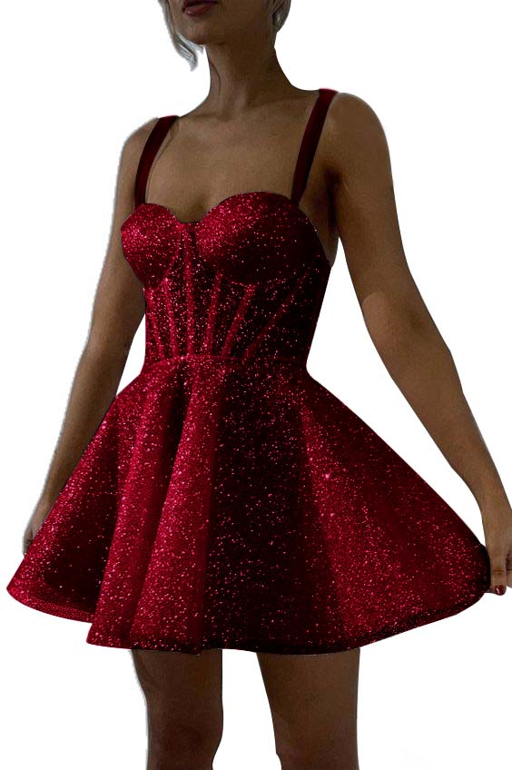 Hellodresses White Sequins Spaghetti Strap Sleeveless A Line Short Homecoming Dress