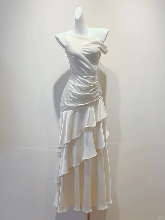 Elegant White Mermaid Ruffle Satin Prom Dress Evening Dress Bridesmaid Dress P4066