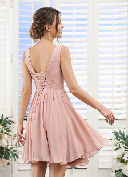 Dusty Pink Chiffon V Neck Sleeveless Pleated Short Bridesmaid Dress with Pockets YJ114