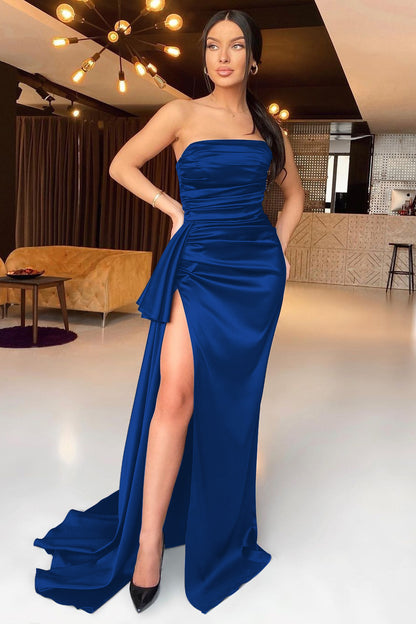 Black Satin Strapless Sleeveless Pleated Mermaid Split Prom Dress With Ruffles ED0086