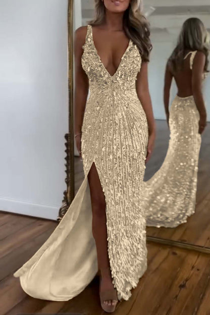 Charming Gold Sequins Spaghetti Strap Sleeveless V Neck Long Prom Dress with Split | Zelldresses