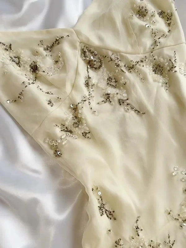 Elegant A Line Spaghetti Strap Beaded Ivory Chiffon Party Dress Evening Dress SH2847