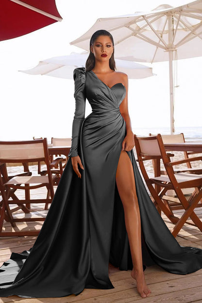 One Shoulder Long Sleeves Prom Dres With Split PD0105