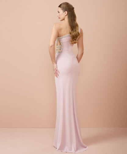 Chic Blushing Pink Satin Beaded One Shoulder Sleeveless Split Prom Dress | Zelldresses